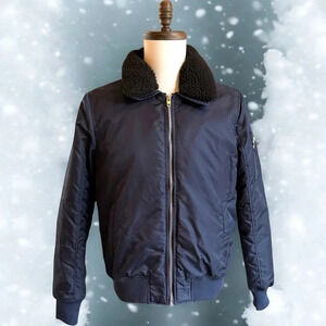 French Connection Men’s Navy Winter Black Removable Collar Bomber Coat Size M
